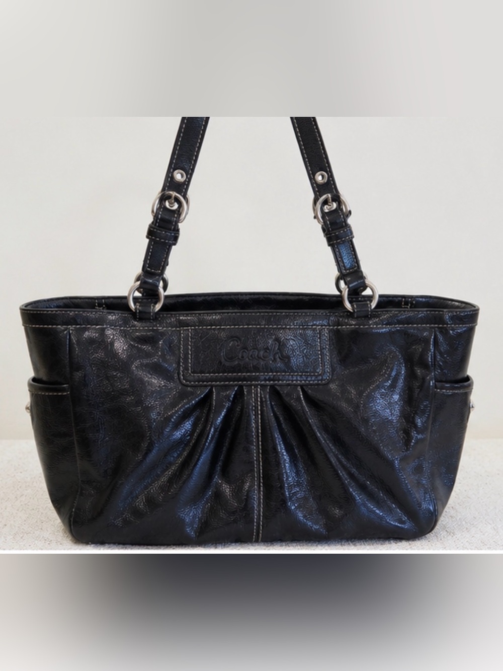Coach Dark Blue Leather Pleated Shoulder Tote